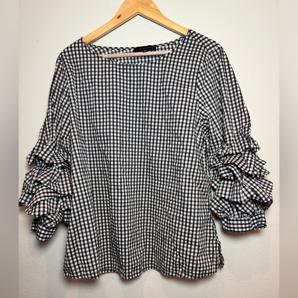 Sanctuary Checkered Ruffle Sleeve Blouse